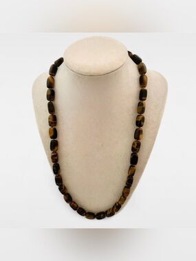 Vintage Tiger’s Eye Agate Necklace Hand Beaded Gemstone Strand Boho Chic